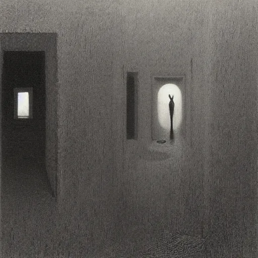 Prompt: unnerving horror painting of liminal space, backrooms made by zdzislaw beksinski