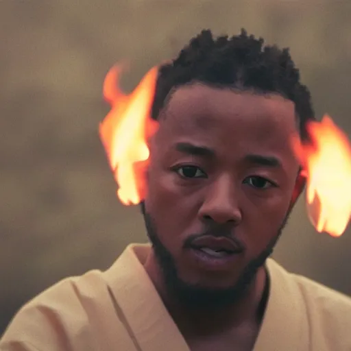Image similar to cinematic film still of Kendrick Lamar starring as a Japanese Sensei with fire, Japanese CGI, VFX, 2003, 40mm lens, shallow depth of field, film photography