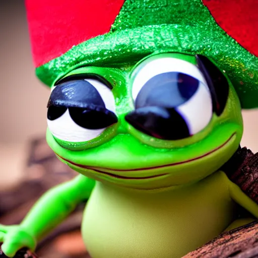 Image similar to baby pepe the frog wearing a tiny sombrero, holding maracas, large eyes, sitting on a log, pixar, disney, dynamic lighting, bokeh