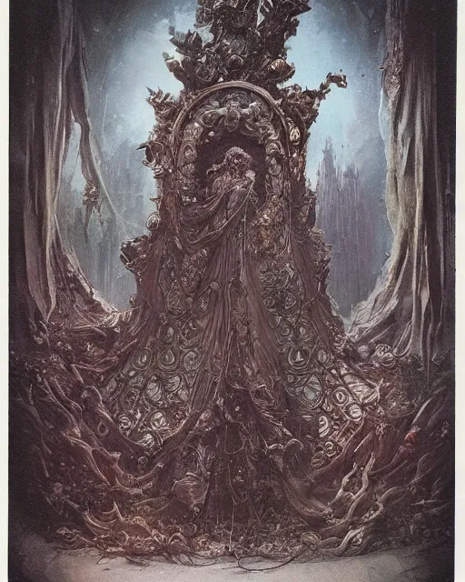 Image similar to a beautiful detailed front view of a dead rotten princess growing ornate baroque, ornamentation, elegant, beautifully soft lit, by wayne barlowe, peter mohrbacher, kelly mckernan, 1 9 1 0 polaroid photography