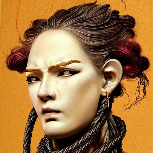 Image similar to portrait of a Shibari rope wrapped face and neck, headshot, insanely nice professional hair style, dramatic hair color, digital painting, of a old 17th century, old cyborg merchant, amber jewels, baroque, ornate clothing, scifi, realistic, hyperdetailed, chiaroscuro, concept art, art by Franz Hals and Jon Foster and Ayami Kojima and Amano and Karol Bak,