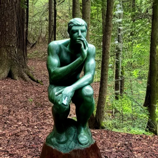 Prompt: The thinker sculpture in the style of William Bartram mushrooms at the base , placed in a lush forest