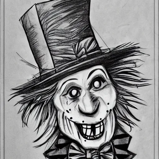 Image similar to a Pop Wonder scary horror themed goofy-hilarious-character Mad-Hatter-wearing a scarf, 3-piece-suit, dime-store-comic drawn with charcoal and pen and ink, half-tone-line-stacking