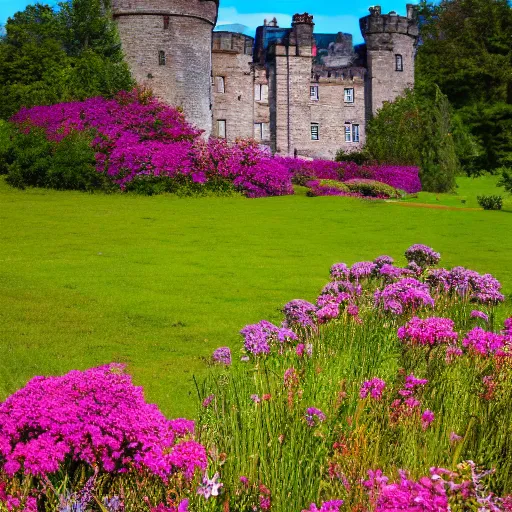 Prompt: a lovely scottish castle in a wide field, surrounded by flowers warm lighting