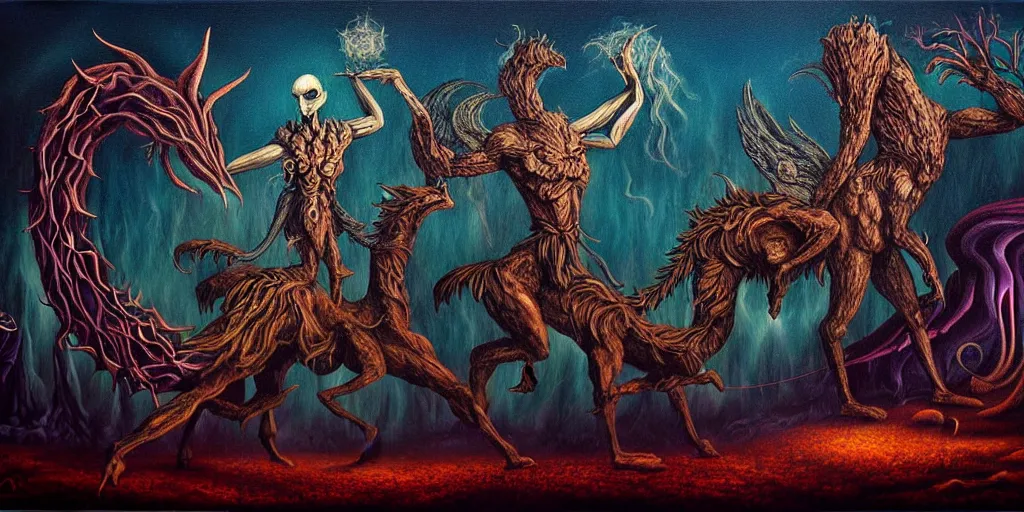 Prompt: mythical creatures and monsters in the imaginal realm of the collective unconscious, in a dark surreal painting by ronny khalil