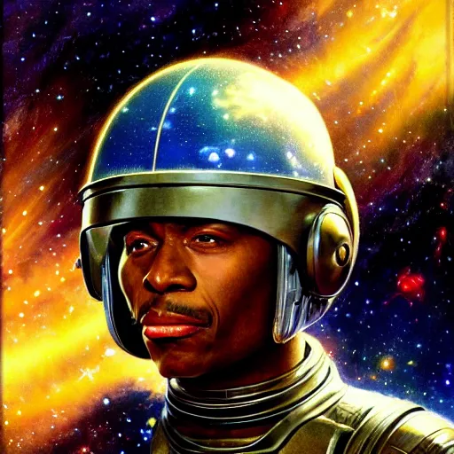 Prompt: photoreal had portrait of a powerful black man in scifi helmet, space nebula milky way background, by norman rockwell and boris vallejo, artstation, concept character art