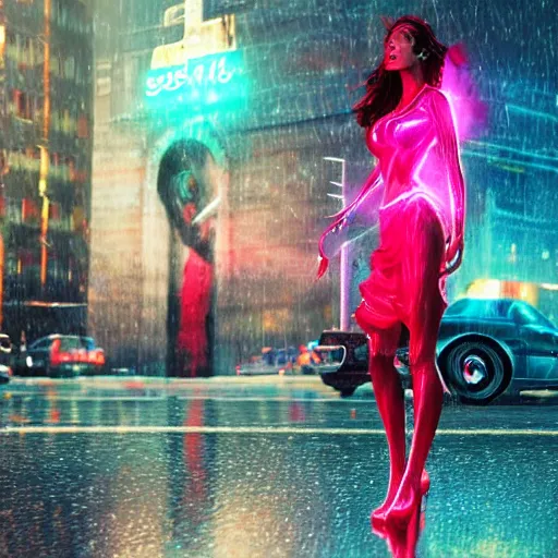 Prompt: neon latina woman in the rain. masterpiece masterwork, magnum opus, monumental achievement, classic gem, showpiece. octane render. nvidia amd graphics demo. lighting. trending. artstation pixiv cgsociety behance. 4 k. teaser. beyond style stylish polished slick nifty smooth sharp spectacle spectacular fantastic staggering stunning flashy.