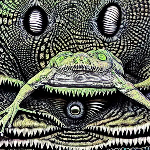 Image similar to closeup of an adorable, eldritch frog abomination of unimaginable horror by h. r. giger and junji ito, speculative evolution, psychedelic illustration, op art with big bold patterns