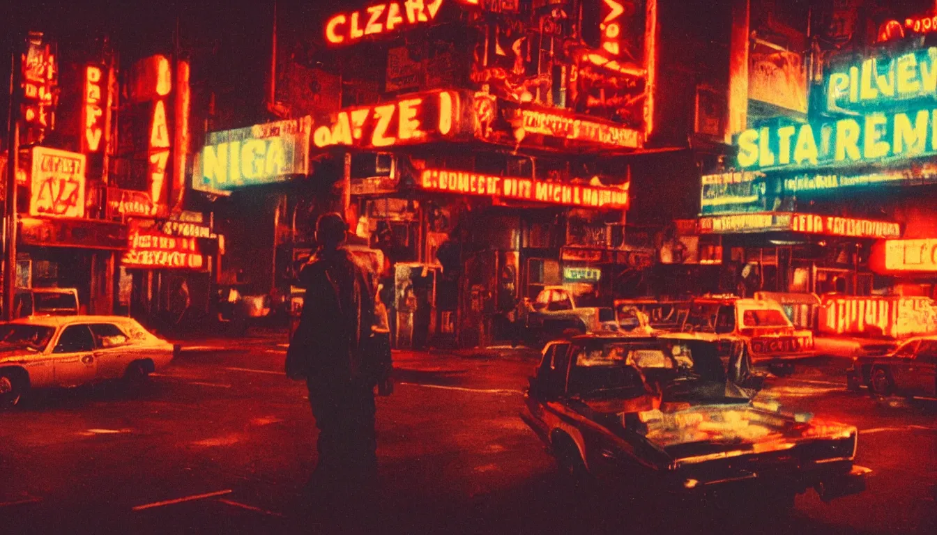 Image similar to 8 0 s polaroid photo, cinema still from movie taxi driver, sleazy man watching night streets, neon signs, colorful haze, americana, high production value, 8 k resolution, hyperrealistic, photorealistic, high definition, high details, tehnicolor, award - winning photography, masterpiece, amazing colors