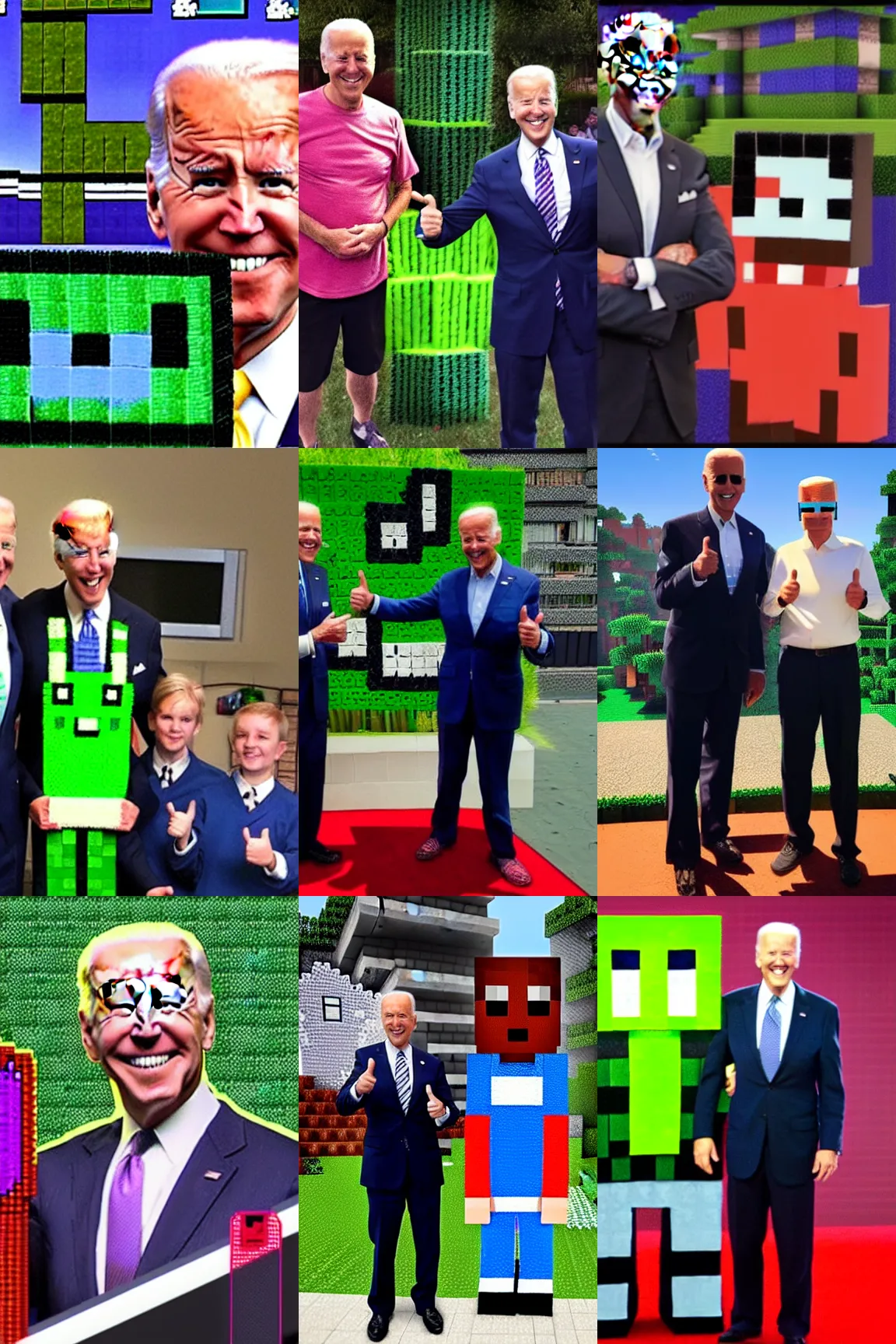 Prompt: joe biden standing next to a minecraft creeper with his thumbs up