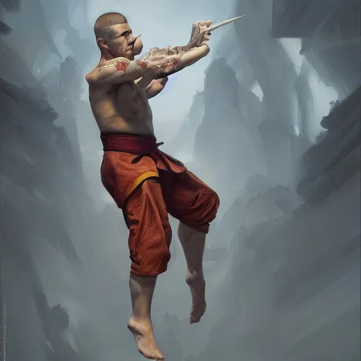 Image similar to A detailed matte oil on canvas painting of a young white male martial artist monk, orchid arm tattoos, fight stance by greg rutkowski and Charlie bowater, trending on artstationhd, dungeons and dragons art