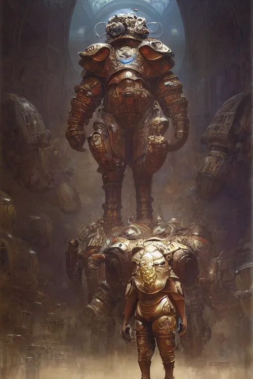 Prompt: scientists in a laboratory observe an elephantine extraterrestrial wearing armour, painted by ruan jia, raymond swanland, lawrence alma tadema, zdzislaw beksinski, norman rockwell, jack kirby, tom lovell, alex malveda, greg staples