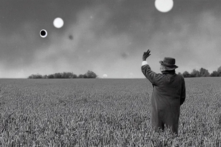 Image similar to an old man in a field looking at multiverse bubbles in the sky, scene from a stanley kubrick movie