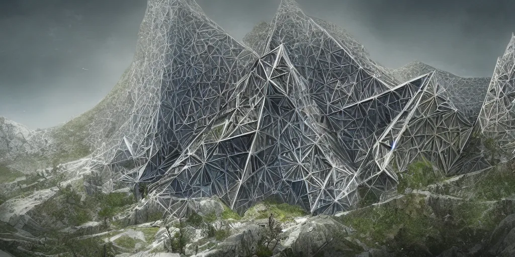 Prompt: a triangular brutalistic building made of in a vibrant naturalistic landscape, fractal, procedural, algorithmic, artificial, masterpiece, concept art