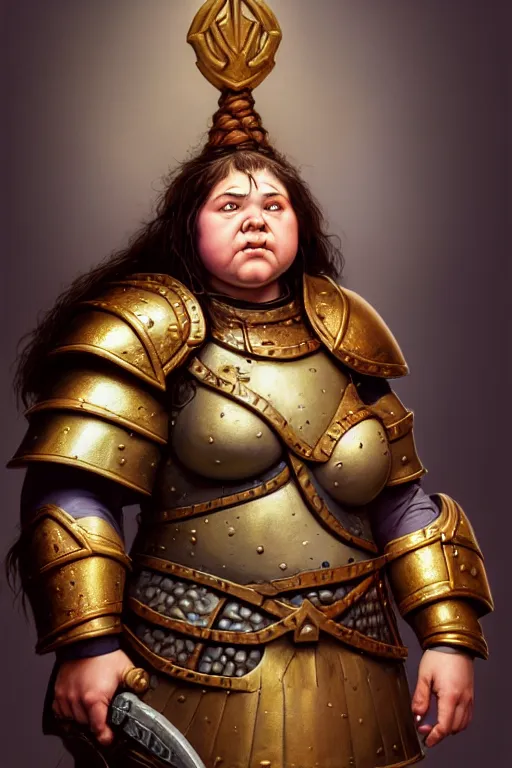 Image similar to hyperrealistic mixed media painting of a female dwarven cleric, chubby short stature, d&d, full body, mighty warhammer slug over her shoulder, stunning 3d render inspired art by P. Craig Russell and Barry Windsor-Smith + perfect facial symmetry + dim volumetric lighting, 8k octane beautifully detailed render, post-processing, extremely hyperdetailed, intricate, epic composition, grim yet sparkling atmosphere, cinematic lighting + masterpiece, trending on artstation, very very detailed, masterpiece, stunning