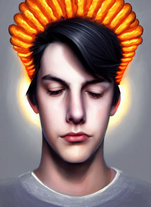 Prompt: portrait of teenage jughead jones wearing a light grey crown, crown, hamburger background, eyes closed, crown, black hair, orange, intricate, elegant, glowing lights, warm lighting, highly detailed, digital painting, artstation, concept art, smooth, sharp focus, illustration, art by wlop, mars ravelo and greg rutkowski