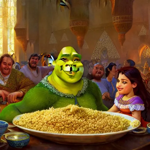 Image similar to shrek eats couscous with his family at a moroccan festival while everyone dances in joy, highly detailed, digital painting, artstation, concept art, sharp focus, illustration, art by greg rutkowski and alphonse mucha