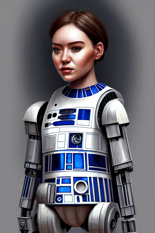 Image similar to a portrait of a random woman as r 2 d 2 droid, humanization, humanized, grim - lighting, high - contrast, intricate, elegant, highly detailed, digital painting, artstation, concept art, smooth, sharp focus, illustration