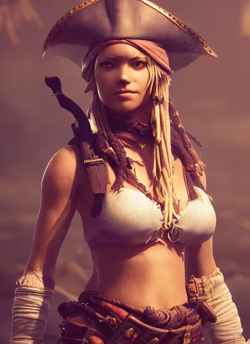 Image similar to detailed full body concept art of a beautiful female pirate, cinematic lighting, hyperdetailed, 8k, high resolution, insanely detailed and intricate, octane render