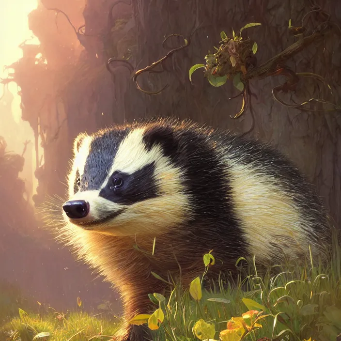 Image similar to highly detailed portrait of a cute badger, unreal engine, fantasy art by greg rutkowski, loish, rhads, ferdinand knab, makoto shinkai and lois van baarle, ilya kuvshinov, rossdraws, tom bagshaw, alphonse mucha, global illumination, radiant light, detailed and intricate environment