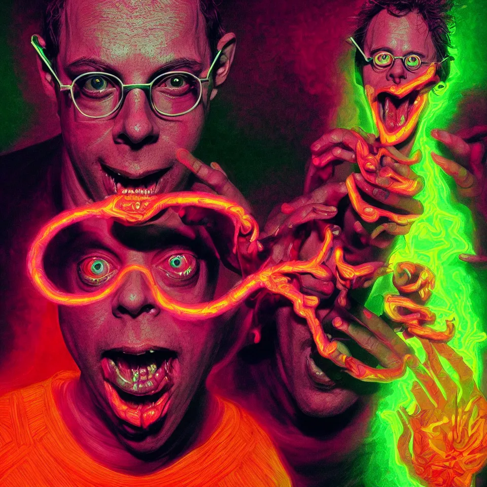 Image similar to bright psychedelic todd solondz eating satan, diffuse lighting, fantasy, intricate, elegant, highly detailed, lifelike, photorealistic, digital painting, artstation, illustration, concept art, smooth, sharp focus, art by francis bacon