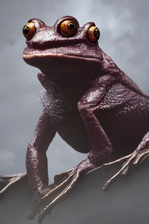 Image similar to a fancy portrait of a monstrous frog by Greg Rutkowski, Sung Choi, Mitchell Mohrhauser, Maciej Kuciara, Johnson Ting, Maxim Verehin, Peter Konig, Bloodborne , 8k photorealistic, cinematic lighting, HD, high details, atmospheric , trending on artstation