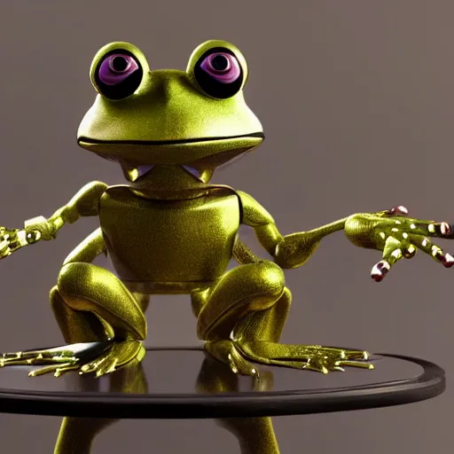 Image similar to a robot frog on a table, octane render, 3D, extremely detailed, accurate