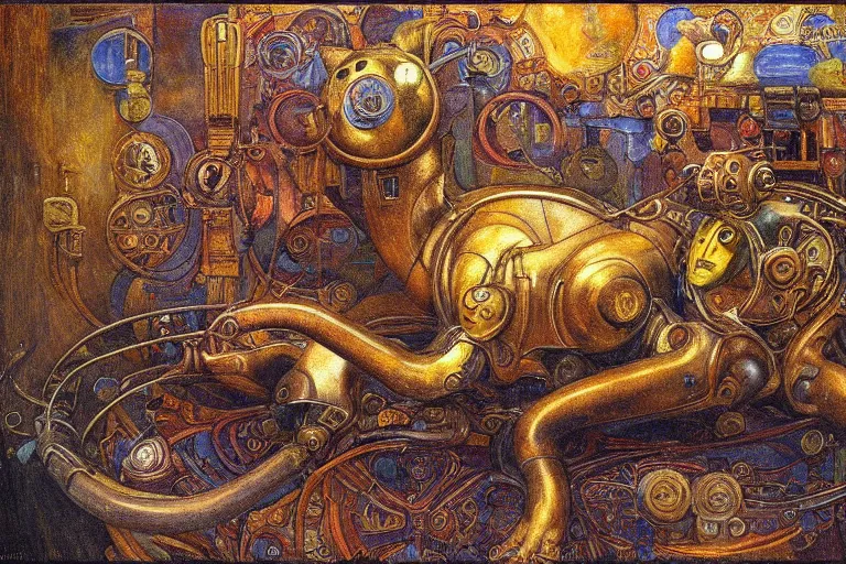 Image similar to ornate mechanical robot cat, by annie swynnerton and diego rivera and elihu vedder, symbolist, dramatic lighting, elaborate geometric ornament, art brut, soft cool colors, smooth, sharp focus, extremely detailed, adolf wolfli and ( donato giancola )