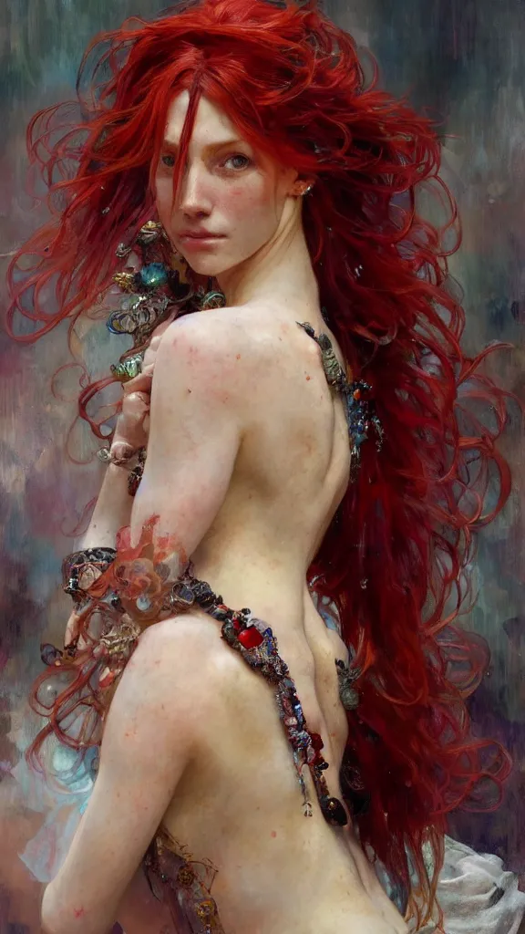 Image similar to a highly detailed beautiful red haired woman, adorned with precious stones, intricate by jeremy mann and alphonse mucha, 8 k resolution, trending on artstation, very very detailed, masterpiece, stunning,