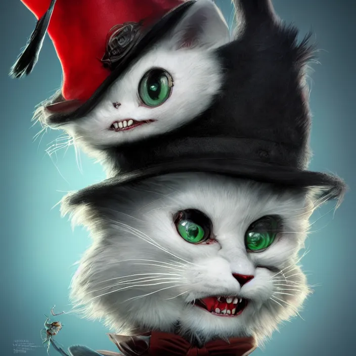 Prompt: complex 3 d render, hyper detailed, ultra sharp, vampire cat in the hat, scary, cute, cinematic, head and shoulders, steampunk, natural soft light, rim light, octane render, artstation, art by artgerm and greg rutkowski and alberto seveso, dr seuss