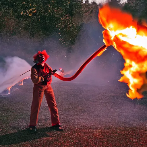 Image similar to photo of a clown using a flamethrower projecting a long bright flame towards a fire, award-winning, highly-detailed, 8K