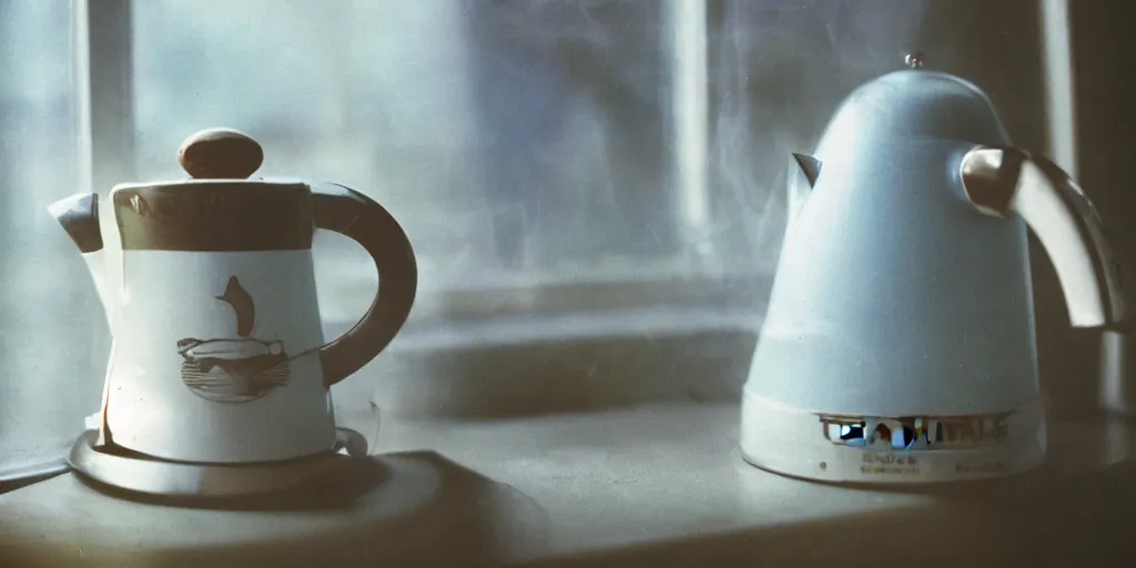 Prompt: 1980s magazine photo of tea kettle shaped like a shark, next to a window with dappled natural light, smoky