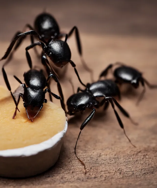 Prompt: high quality presentation photo of cute anthropomorphic black ants eating cheese, photography 4k f1.8 anamorphic bokeh 4k Canon Nikon