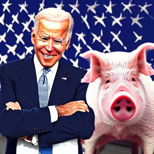 Image similar to joe biden dabbing in front of pigs