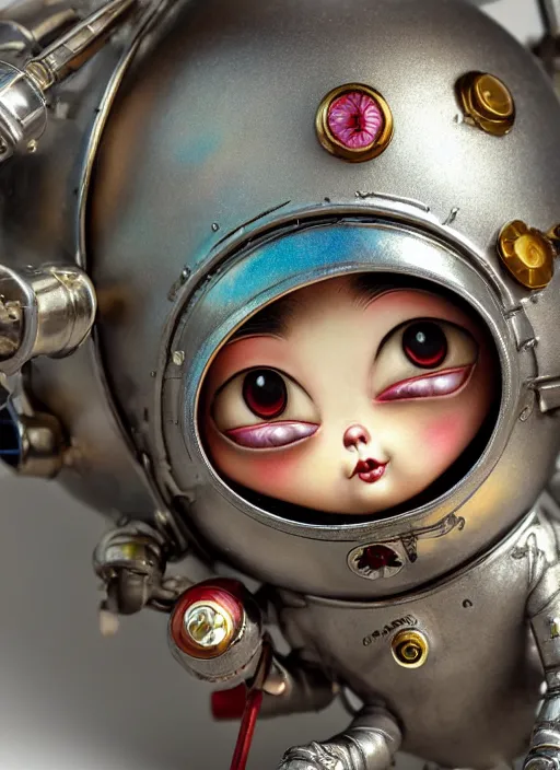 Image similar to highly detailed closeup portrait of a cute tin toy retro rrocket spaceship, nicoletta ceccoli, mark ryden, lostfish, earl nore, hyung tae, frank frazetta, global illumination, god rays, detailed and intricate environment