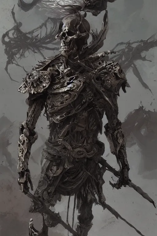 Image similar to skeleton warrior, dark, intricate, highly detailed, epic, digital painting, artstation, concept art, digital illustration by Ruan Jia and Mandy Jurgens and Wayne Barlowe and Greg Rutkowski and Zdislav Bekinski