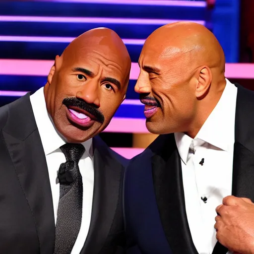 Image similar to Steve Harvey and Dwayne the Rock Johnson crying over a burnt potato