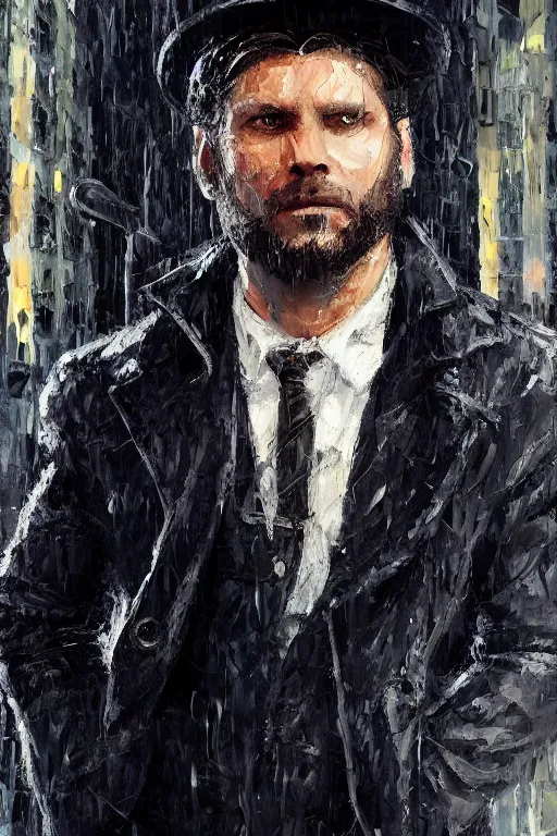 Prompt: palette knife oil painting of the norse god tyr as a noir detective wearing a fedora and a trenchcoat, with one hand missing. extreme detail. artstation trending, any racial background, artgerm, deviant art, octane, substance, art history 8 k