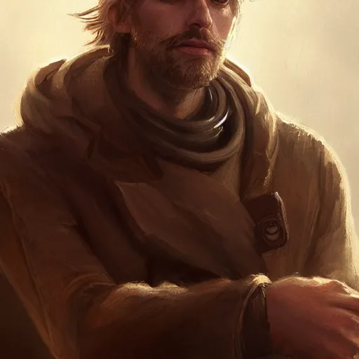 Prompt: portrait of a man by greg rutkowski, cade skywalker, messy blond hair, beard, tall and muscular, star wars expanded universe, he is about 3 0 years old, wearing a flying jacket, highly detailed portrait, digital painting, artstation, concept art, smooth, sharp foccus ilustration, artstation hq