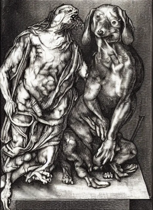 Prompt: a living dachshund encountering an undead dachshund, engraving by albrecht durer, macabre