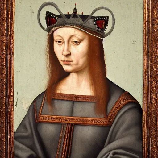 Image similar to a renaissance portrait painting of a grey cat, wearing a crown and cape, dark background,