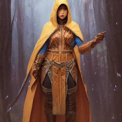 Image similar to a brown skinned asian woman in destiny hunter armor, wearing a hooded cloak, beautiful face!!!!, blue eyes, brown hair in a bob, 2 7 years old, cg animation, realistic, character select portrait, by artgerm, greg rutkowski, alphonse mucha, 3 d