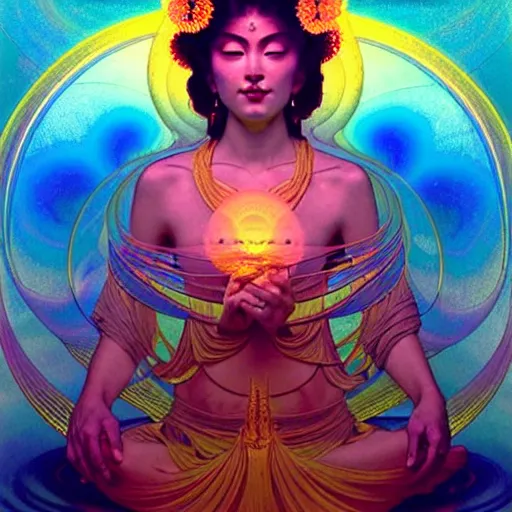 Prompt: transcendent bodhisattva, psychedelic indigo honey flowing like kaleidoscopic translucent amber, lsd waves, honey ripples, enlightenment, dramatic professional lighting, refracted sunset lighting, highly detailed, concept art, art by collier, albert aublet, krenz cushart, artem demura, alphonse mucha