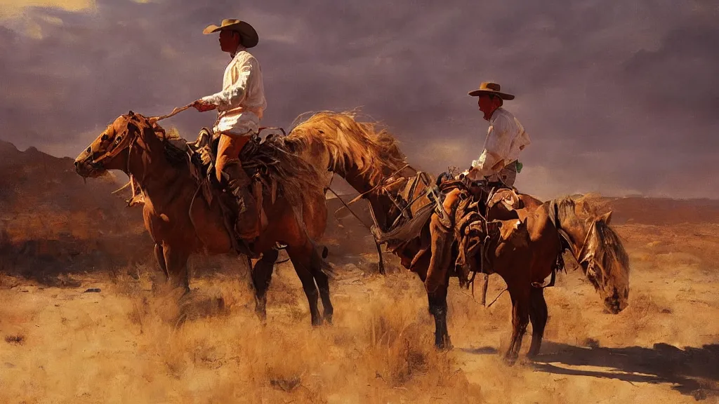 Image similar to oil painting of cowboy dream at mexican desert setting, art by anders zorn, wonderful masterpiece by greg rutkowski, beautiful cinematic light, american romanticism by greg manchess, reflections in copper, sunlight, dust and steam