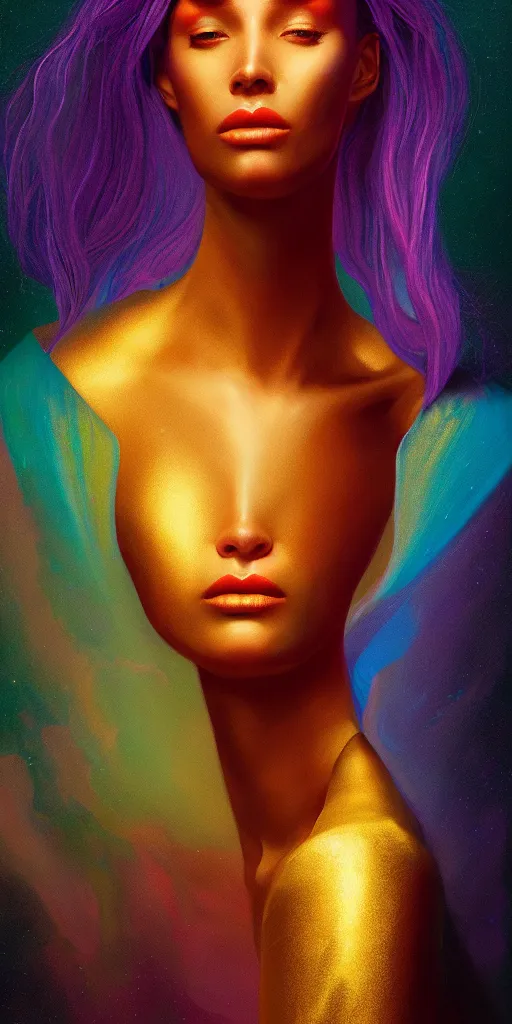 Image similar to 👾👗🛸🌈🧛🏾♀, phantom, dreary, dramatic, fluid, iridescent, golden ratio, artstation, moebius + loish + wlop, hd, oil painting, hyper realistic,