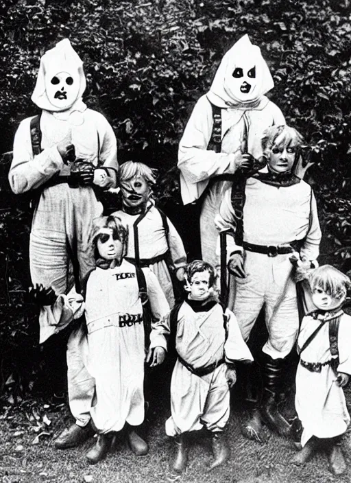 Image similar to photograph from 1903 of Halloween trick or treaters wearing Ghostbusters costumes, highly detailed, vintage film