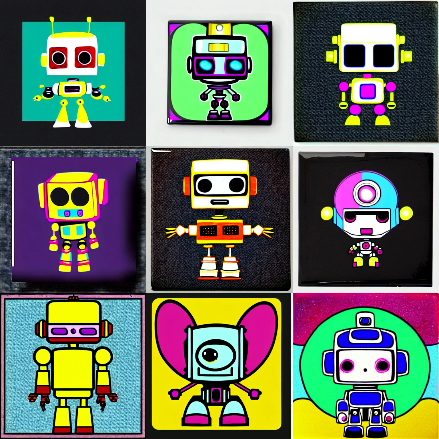 Prompt: Chibi Cute Robot as a colorful fancy drawing on a Grimdark square macabre tile