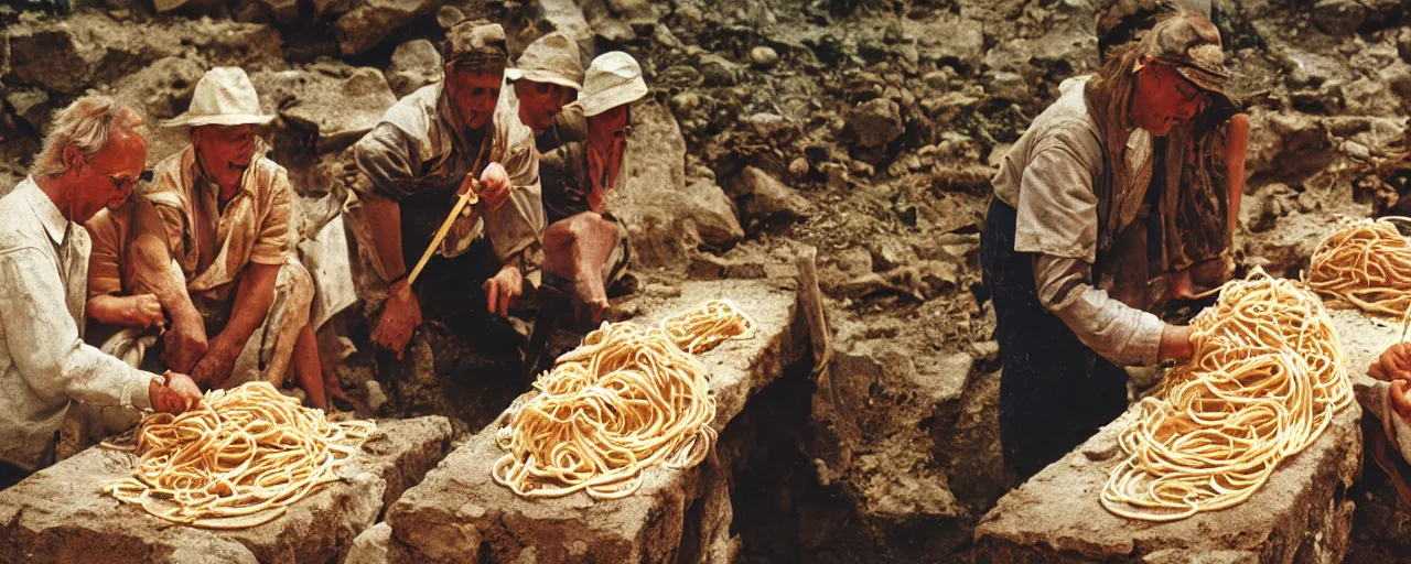 Image similar to archaeologists discovering ancient spaghetti, canon 5 0 mm, super detailed face, facial expression, cinematic lighting, photography, retro, film, kodachrome