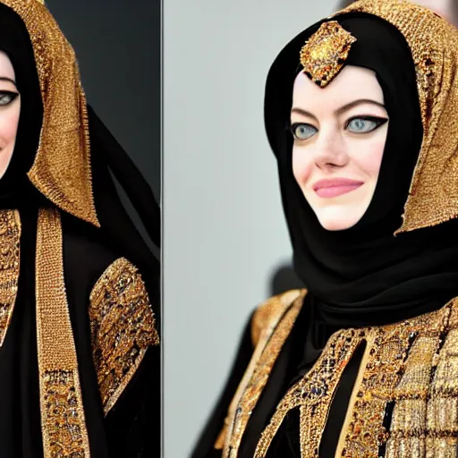 Image similar to A portrait of Emma Stone wearing Black Arabian Abaya, high quality, fully detailed, 4k