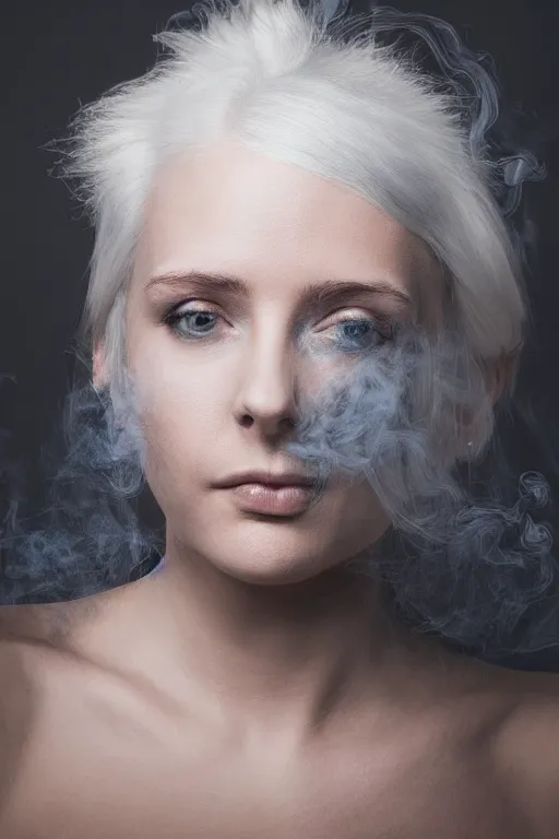 Image similar to portrait of a woman, with white hair like smoke, with reaction-diffusion wallpaper, studio photo, high detail